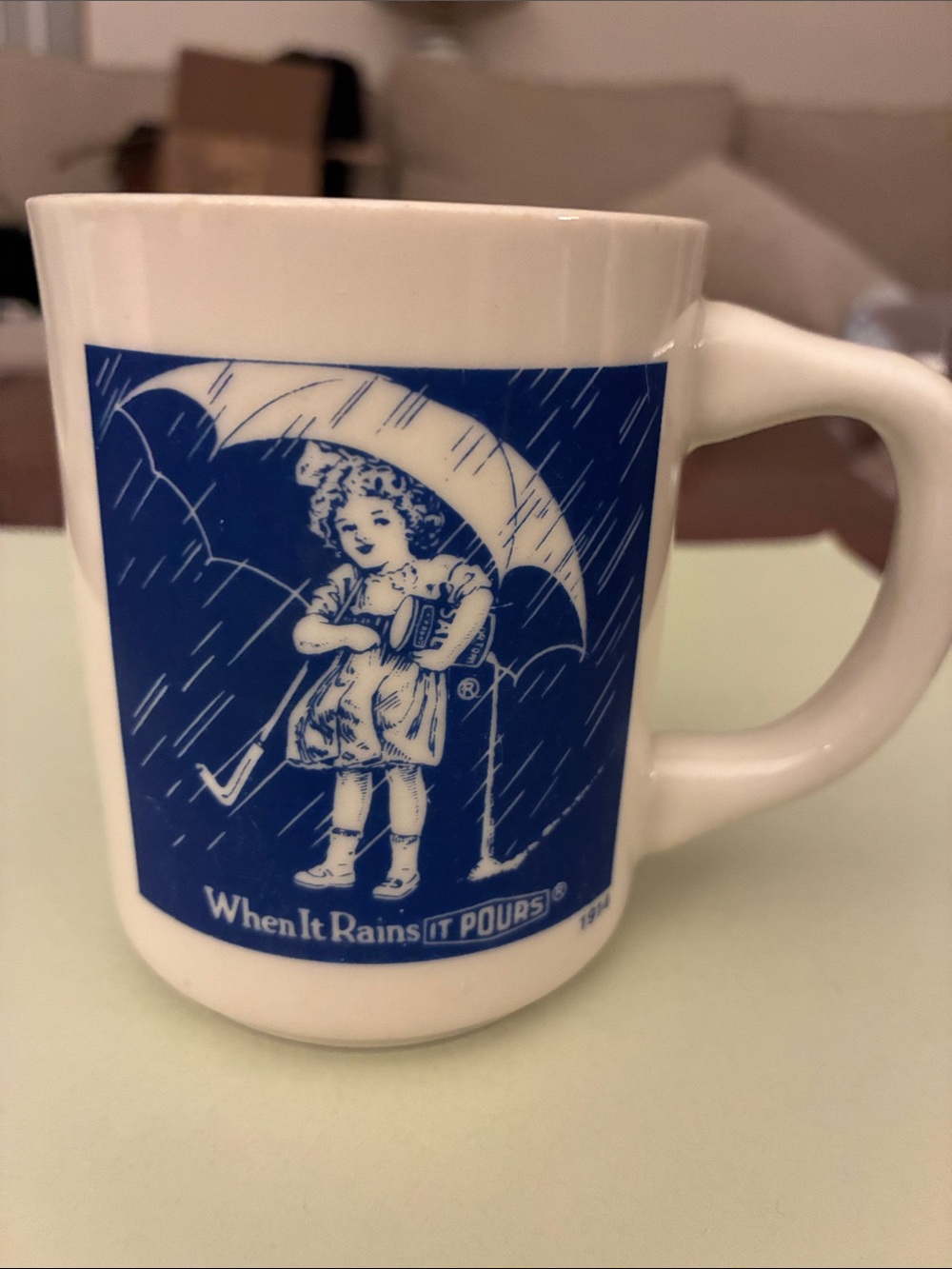 Vintage Morton Salt Coffee Mug 1914 Umbrella Girl When It Rains It Pours